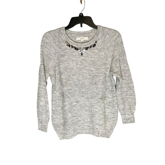 LOFT Sweaters - LOFT Crewneck Long Sleeve Chunky Embellished Neckline Gray Knit Sweater Small